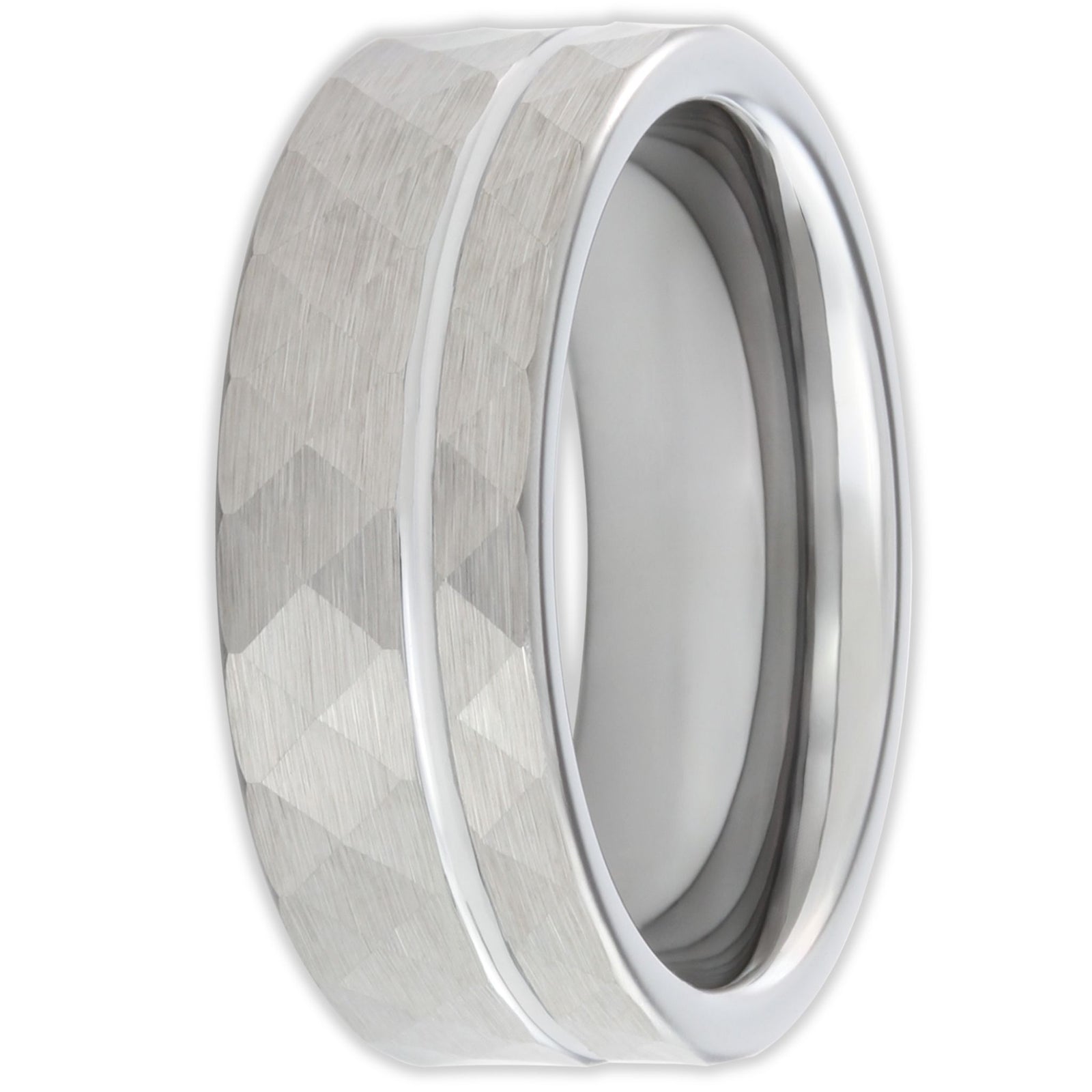 Front view of tungsten faceted ring with 8mm band and geometric surface design