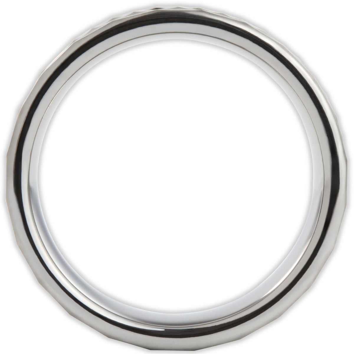 Side profile of tungsten faceted ring showing band depth and structured edges
