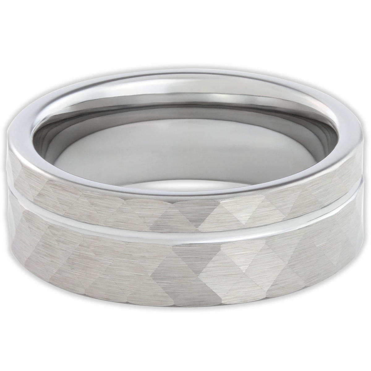 Top view of tungsten faceted 8mm ring with angled geometric facets