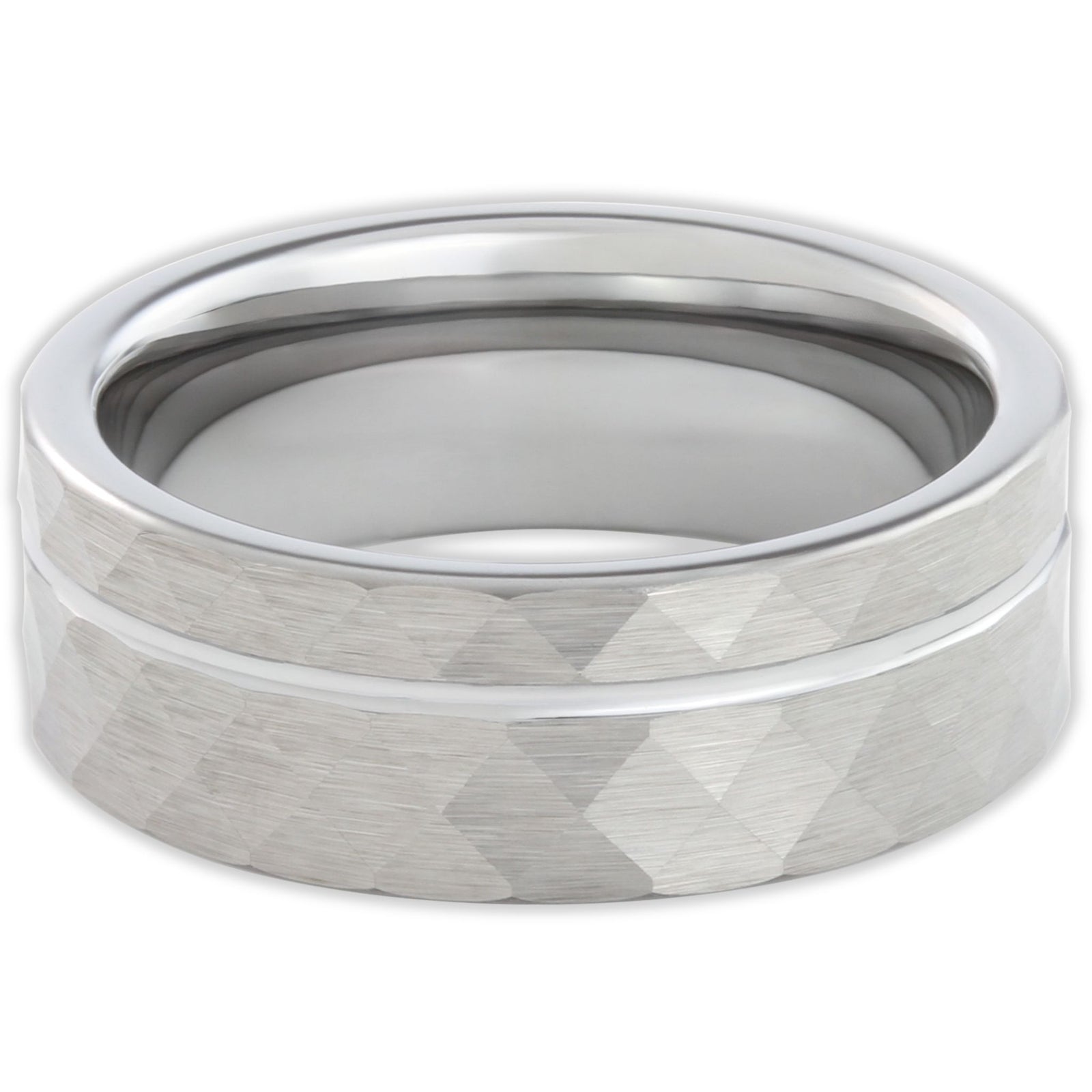 Top view of tungsten faceted 8mm ring with angled geometric facets