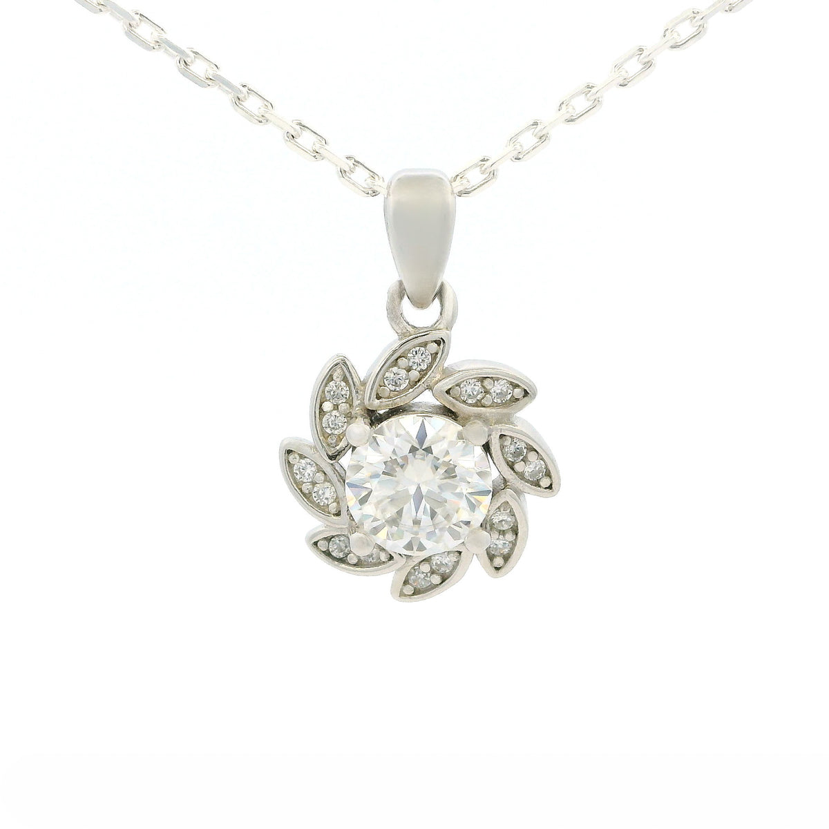 White Gold 1ct Moissanite Flower Silver Dazzle Pendant Necklace