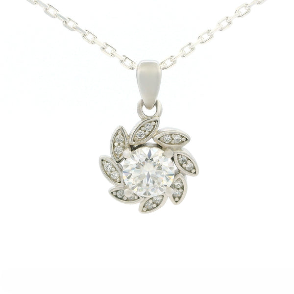 White Gold 1ct Moissanite Flower Silver Dazzle Pendant Necklace