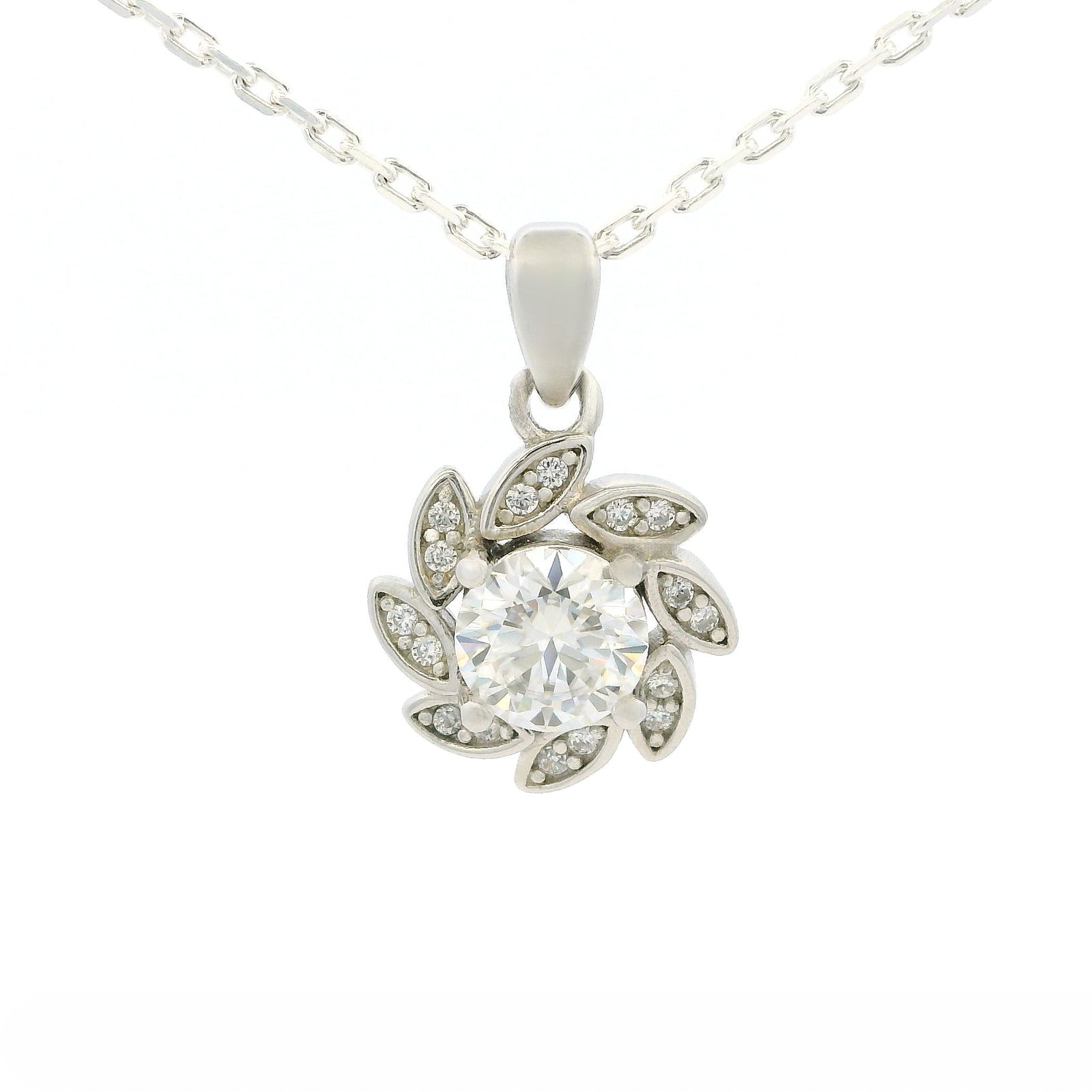 White Gold 1ct Moissanite Flower Silver Dazzle Pendant Necklace