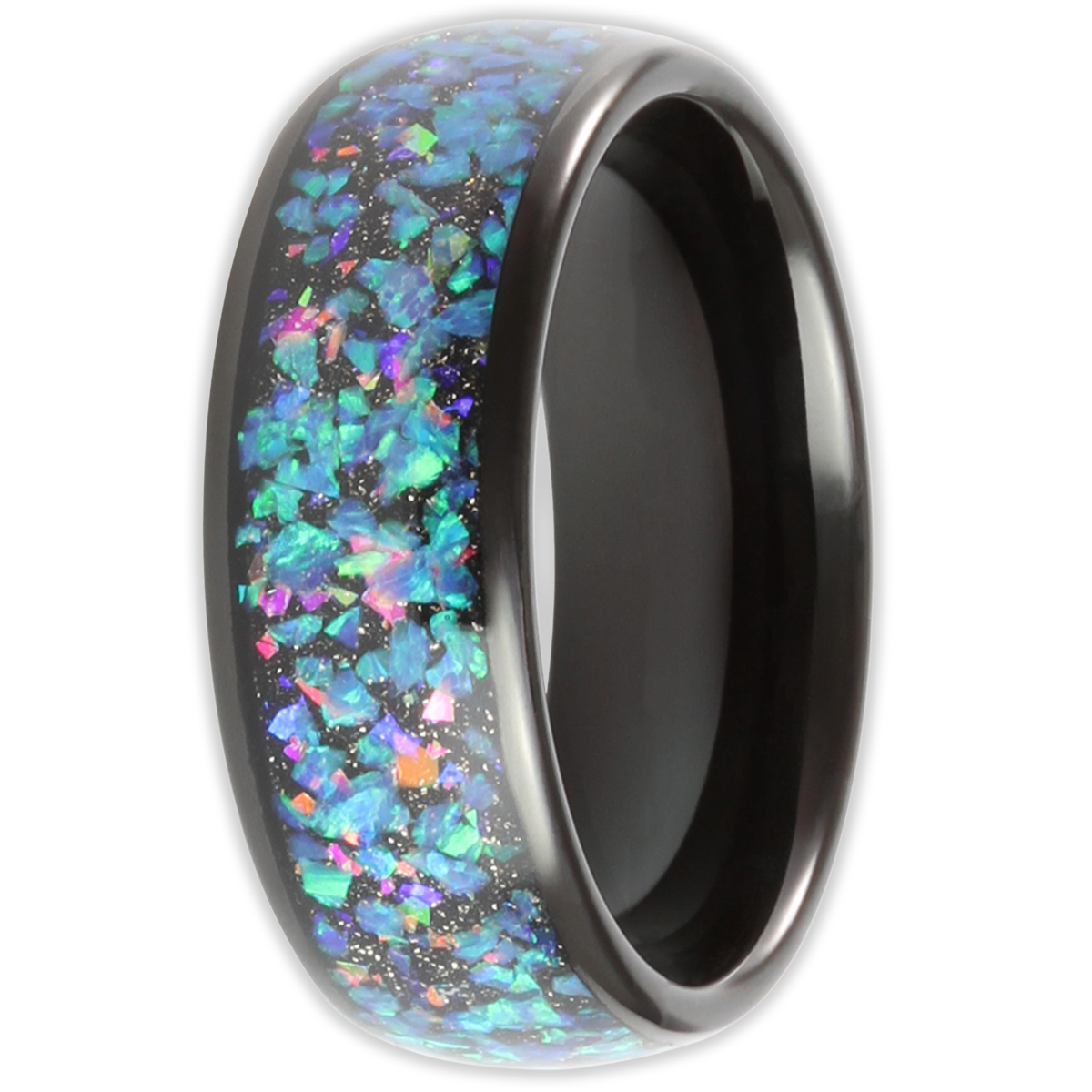 Ring with black band and colorful opal inlay on a white background