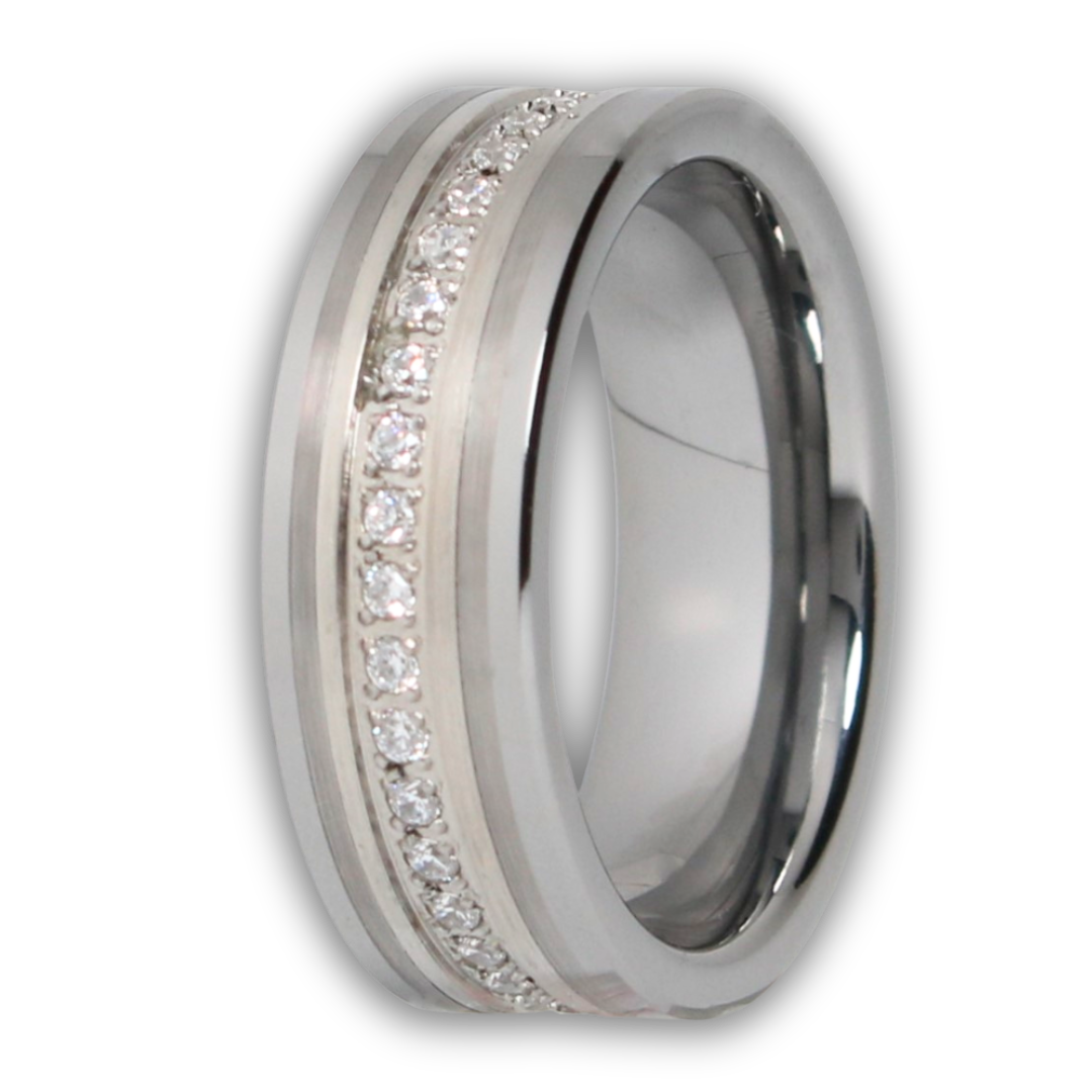 Full Stoned 8mm Wide Cubic Zirconia Tungsten Wedding Wonder Ring Rock Solid Rings