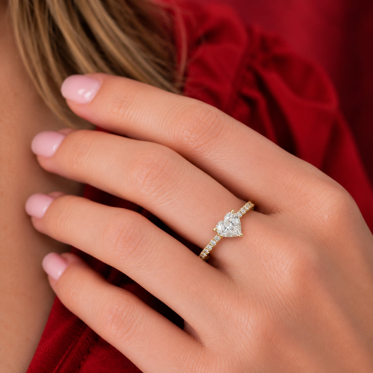 1ct Heart Moissanite Engagement Ring | 18K Gold Side Stone Dazzle Ring