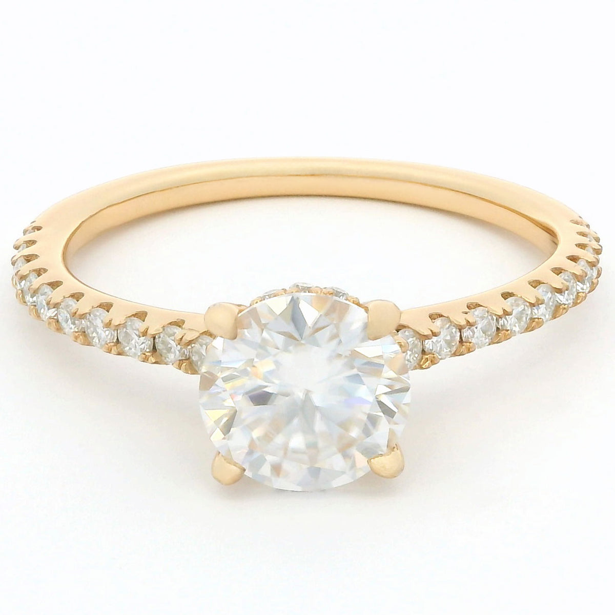 1ct Round Brilliant Moissanite Engagement Ring | 18K Gold Side Stone Dazzle Ring