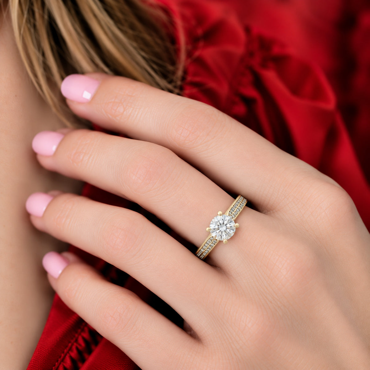 1ct Round Brilliant Moissanite Engagement Ring | 18K Gold Wide Dazzle Ring