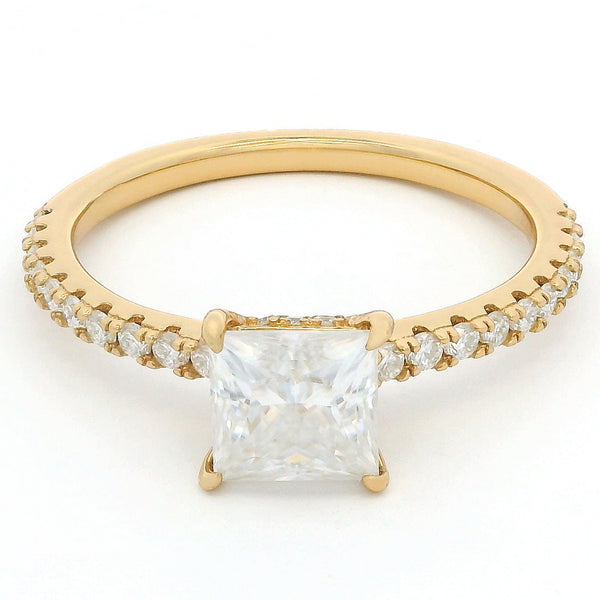1ct Princess Cut Moissanite Engagement Ring | 18K Gold Side Stone Dazzle Ring