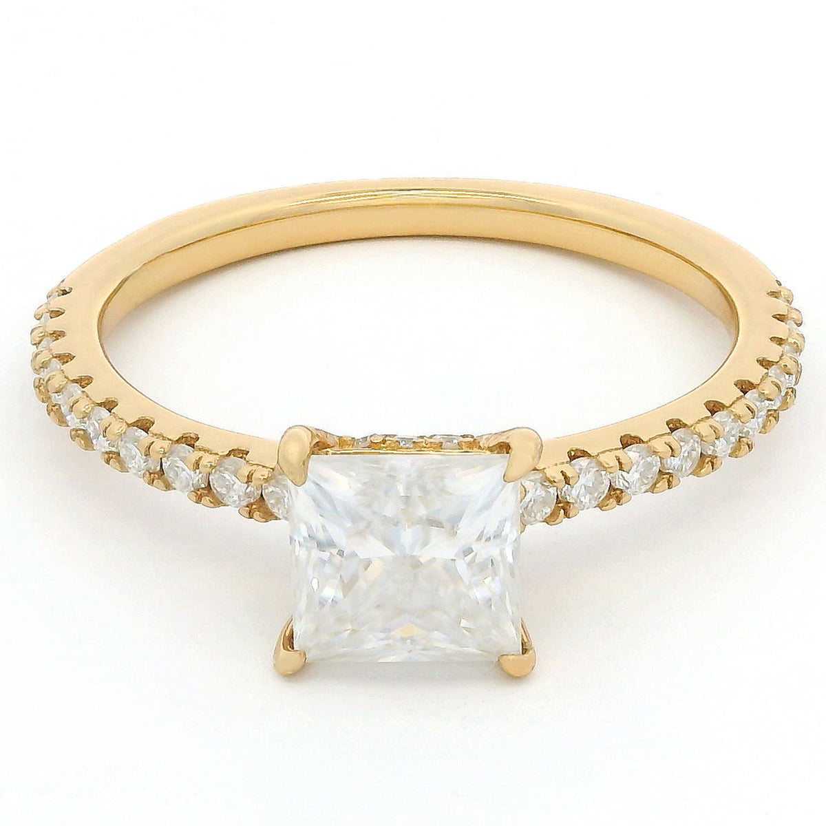 1ct Princess Cut Moissanite Engagement Ring | 18K Gold Side Stone Dazzle Ring