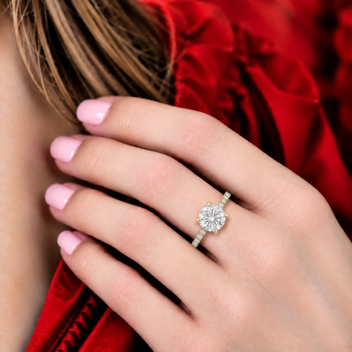 3ct Round Brilliant Moissanite Engagement Ring | 18K Gold Side Stone Dazzle Ring