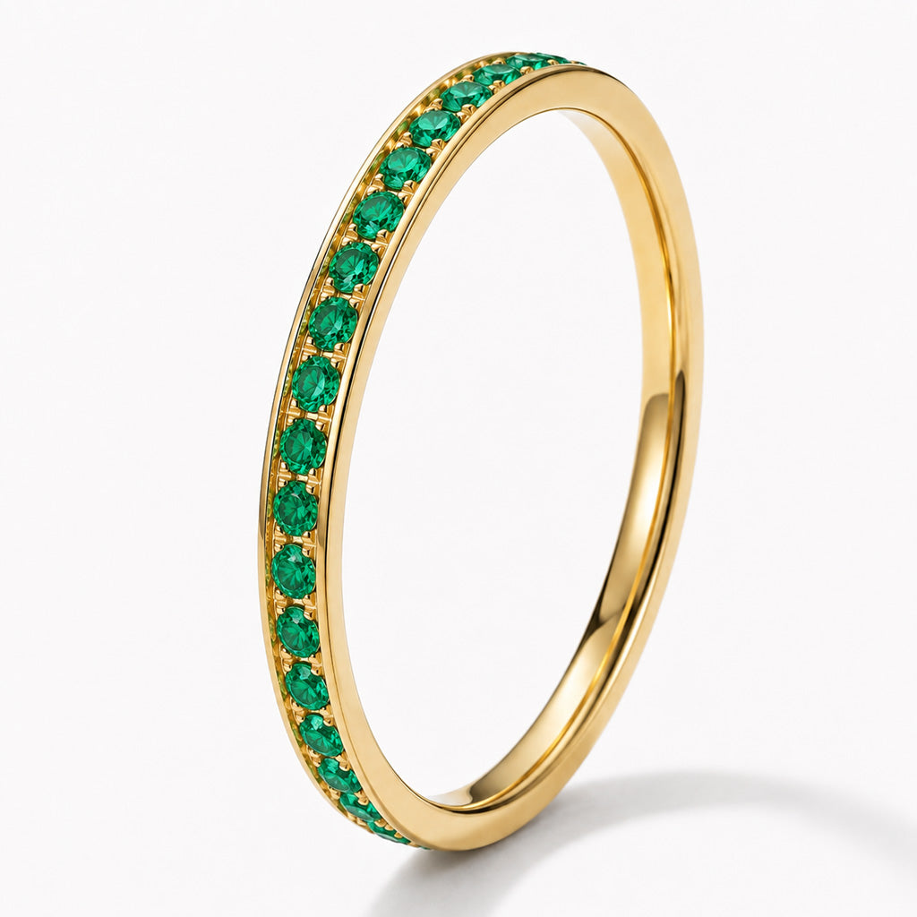 2mm Gold Full Glitz Eternity Ring | Emerald Green Cubic Zirconia Stacking Ring