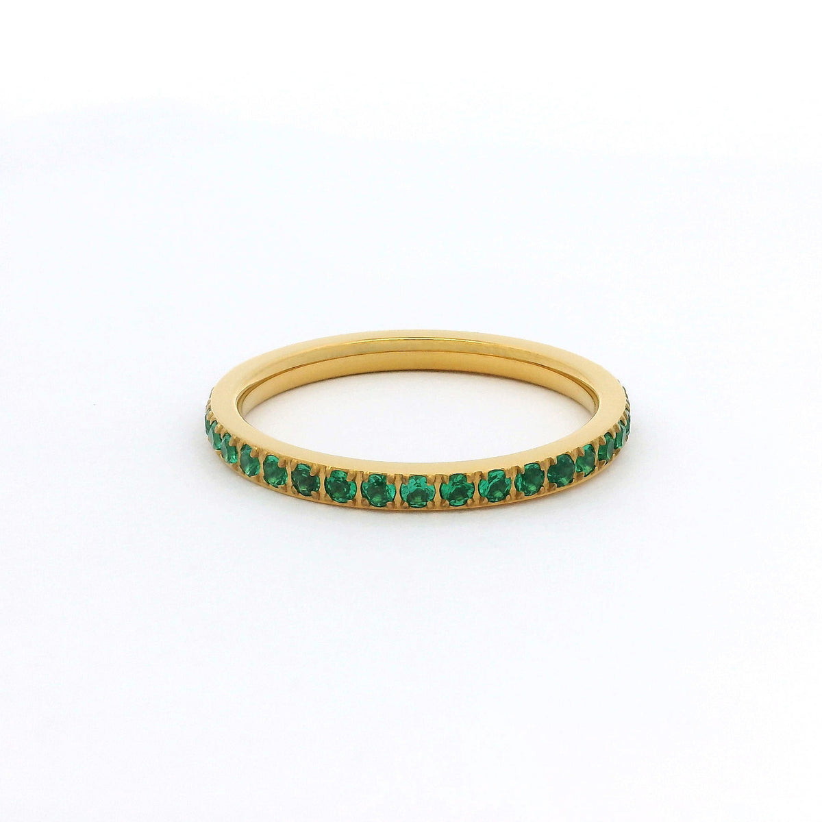 2mm Gold Full Glitz Eternity Ring | Emerald Green Cubic Zirconia Stacking Ring