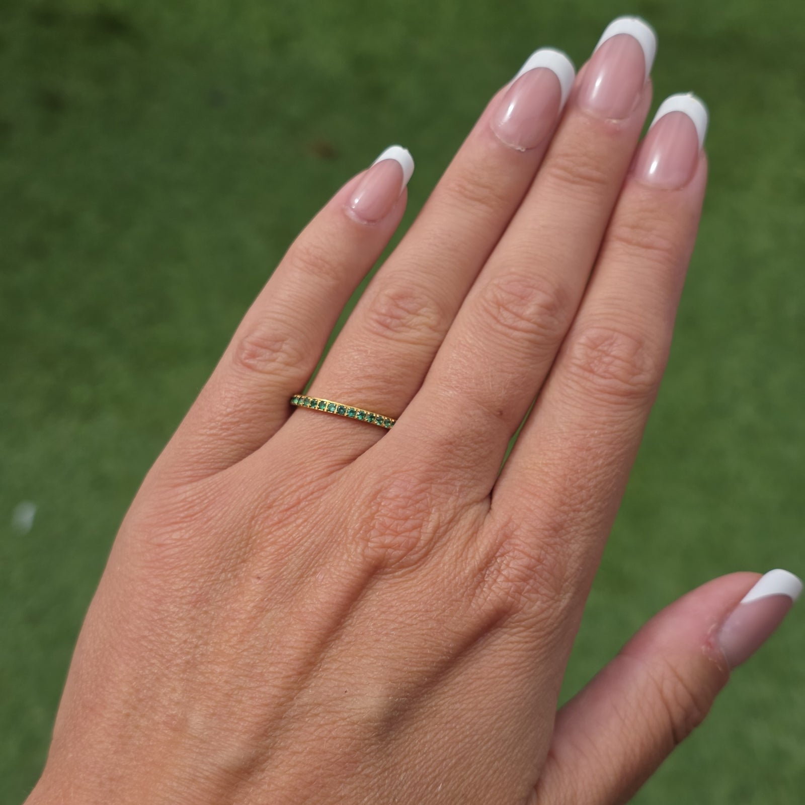 2mm Gold Full Glitz Eternity Ring | Emerald Green Cubic Zirconia Stacking Ring