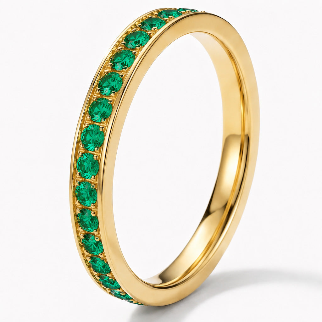 3mm Gold Full Glitz Eternity Ring | Emerald Green Cubic Zirconia Stacking Ring