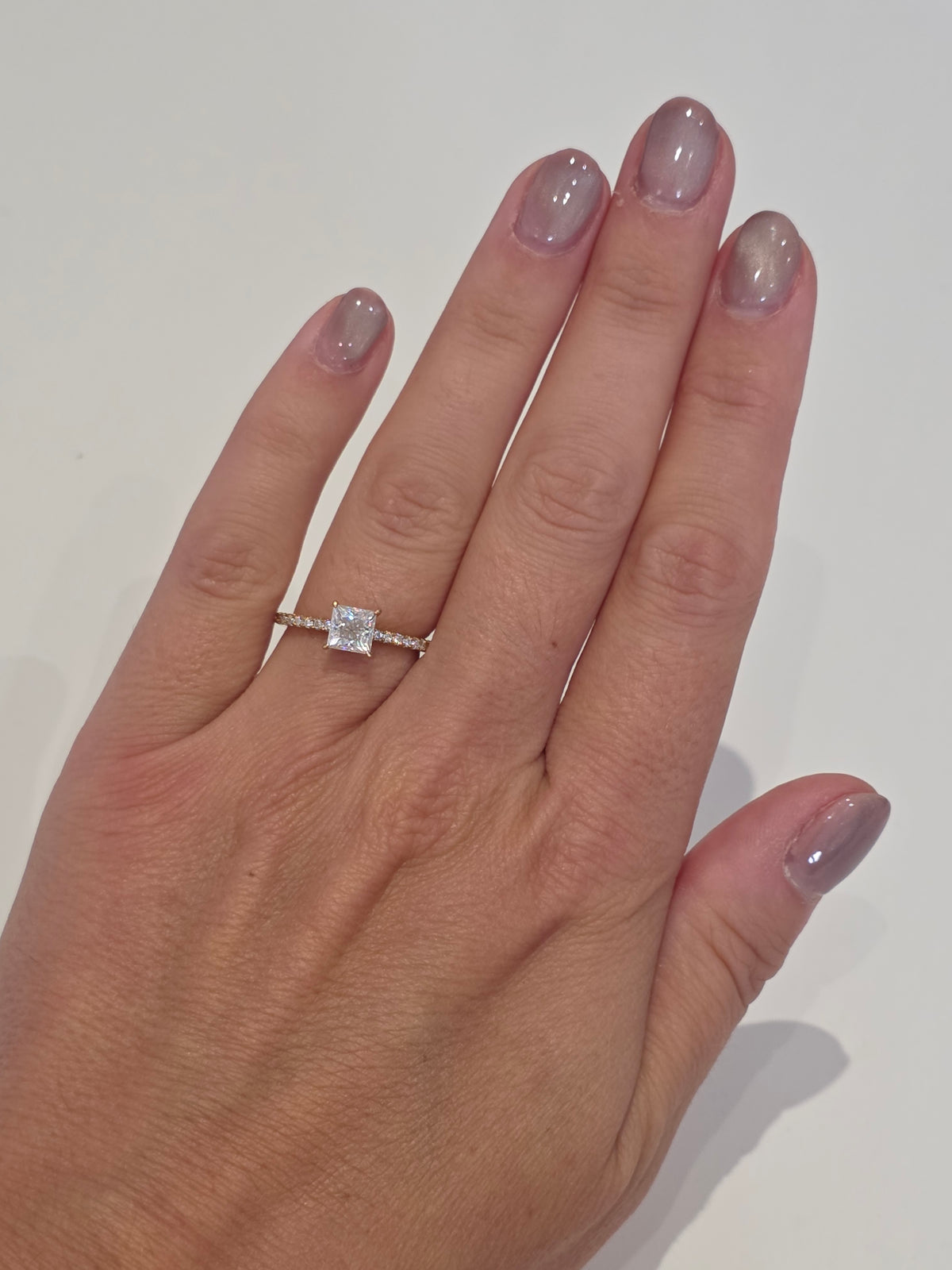 1ct Princess Cut Moissanite Engagement Ring | 18K Gold Side Stone Dazzle Ring