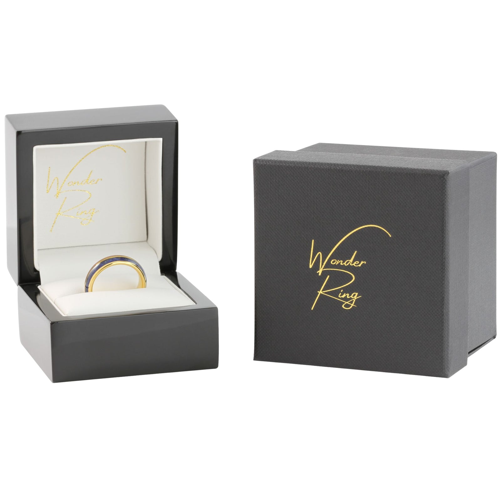 Gold plated tungsten 8mm ring with wood and blue opal inlay presented in gift box