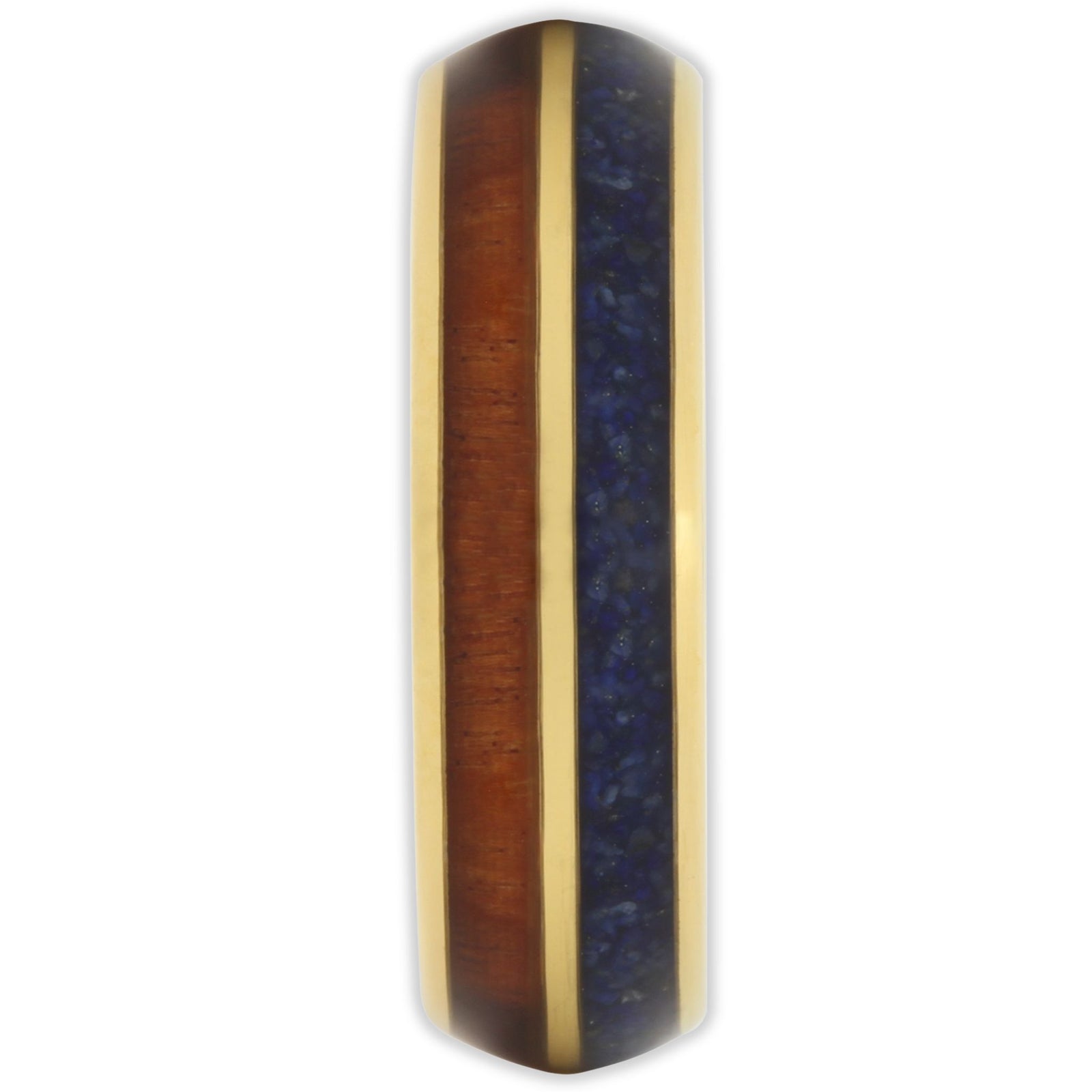 End view of tungsten ring showing 6mm band width and split inlay with wood and blue opal