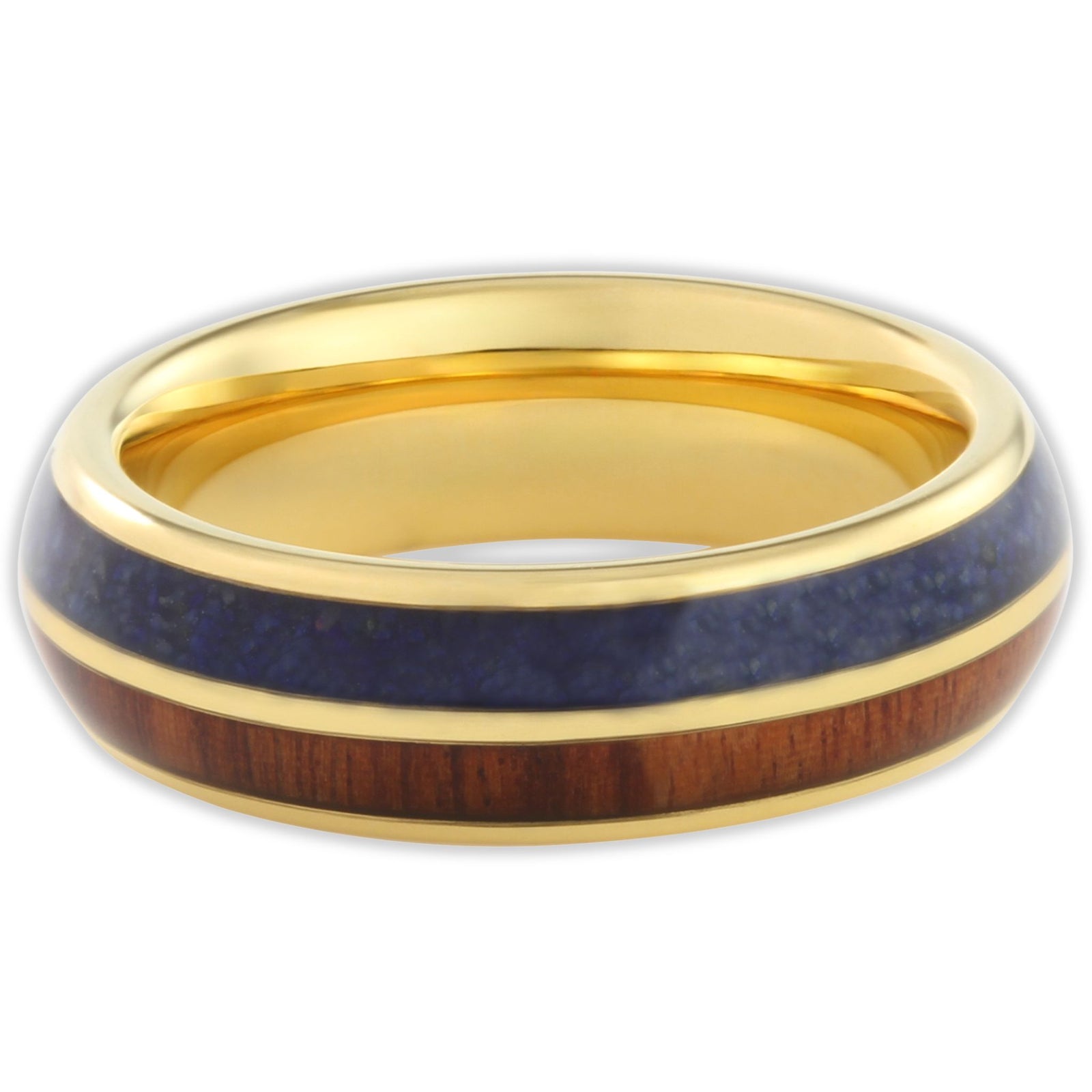 Top view of tungsten 6mm ring with wood and deep blue opal insert and gold plated edges