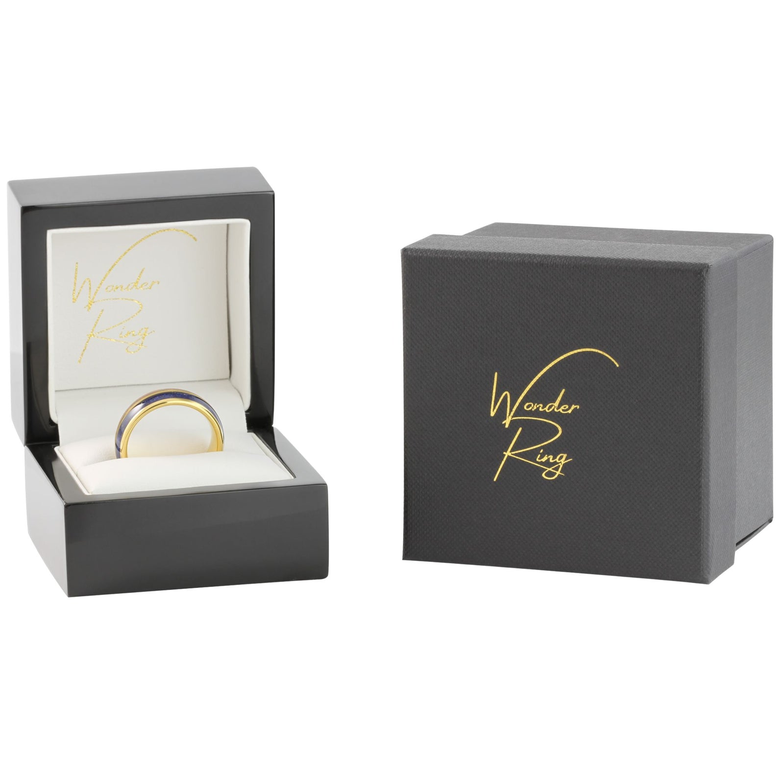 Gold plated tungsten 8mm ring with wood and blue opal inlay presented in gift box