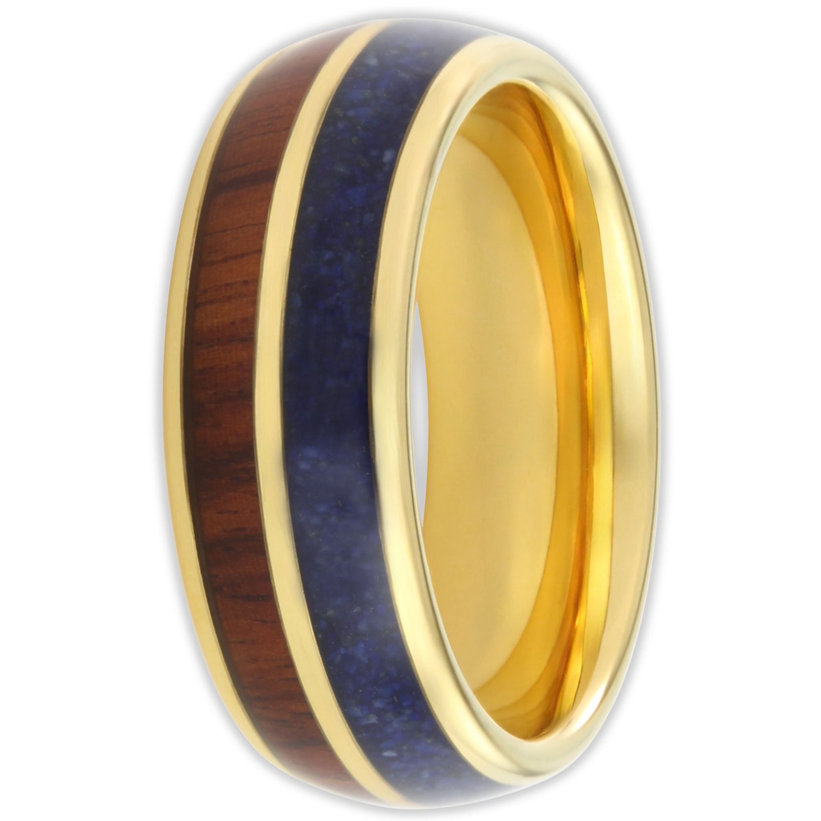 Front view of tungsten ring with wood and blue opal split inlay and gold plated finish in 8mm band