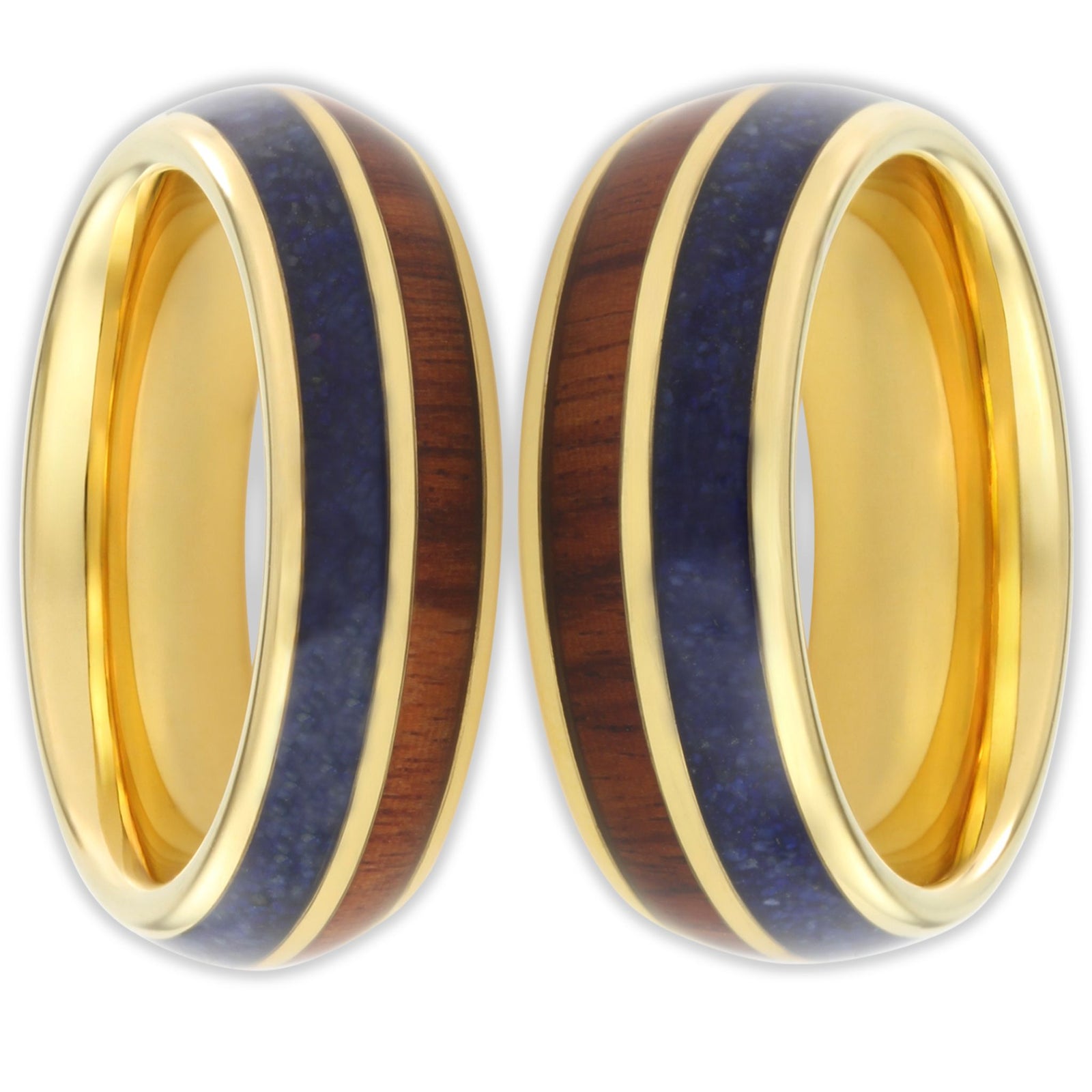 Front view of tungsten ring with wood and blue opal split inlay and gold plated finish in 8mm and 6mm band