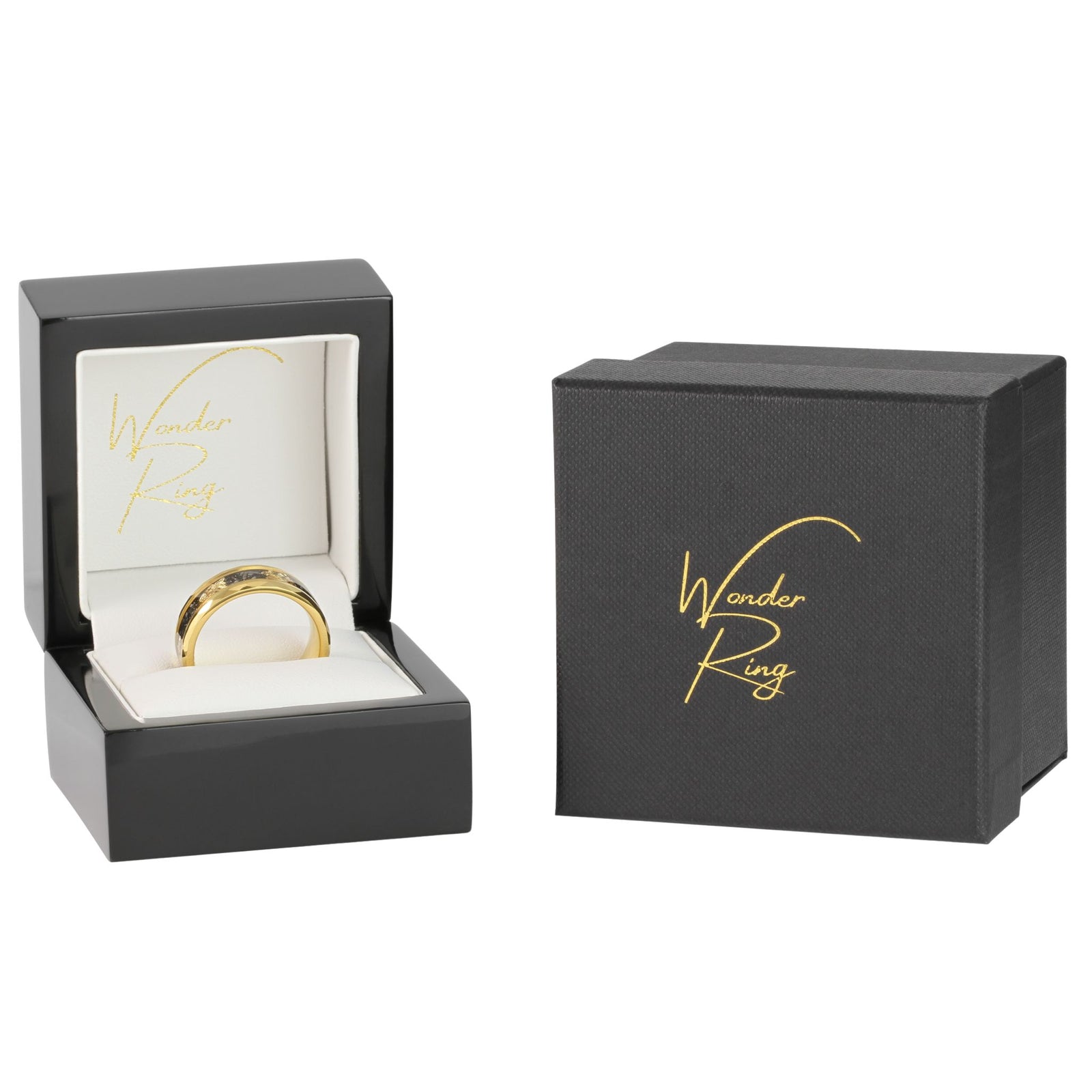 Gold tungsten 8mm ring with gold flake inlay presented in gift box
