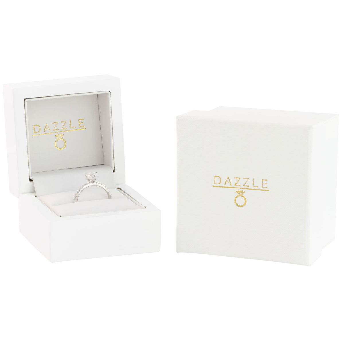 White gold moissanite heart ring with accent stones presented in gift box