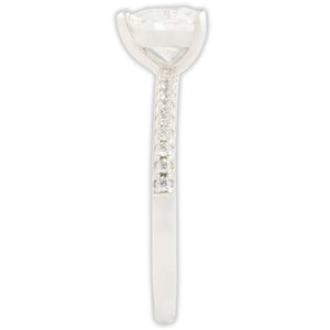 End view of white gold moissanite ring showing band thickness and stone setting