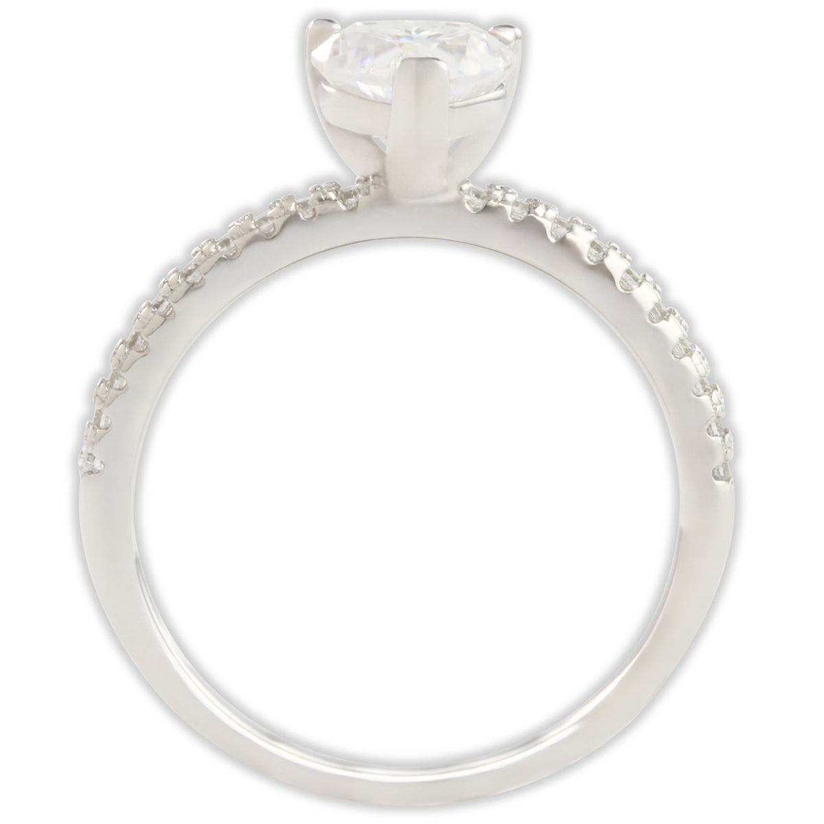 Side profile of white gold moissanite ring showing raised heart-shaped centre stone and band setting