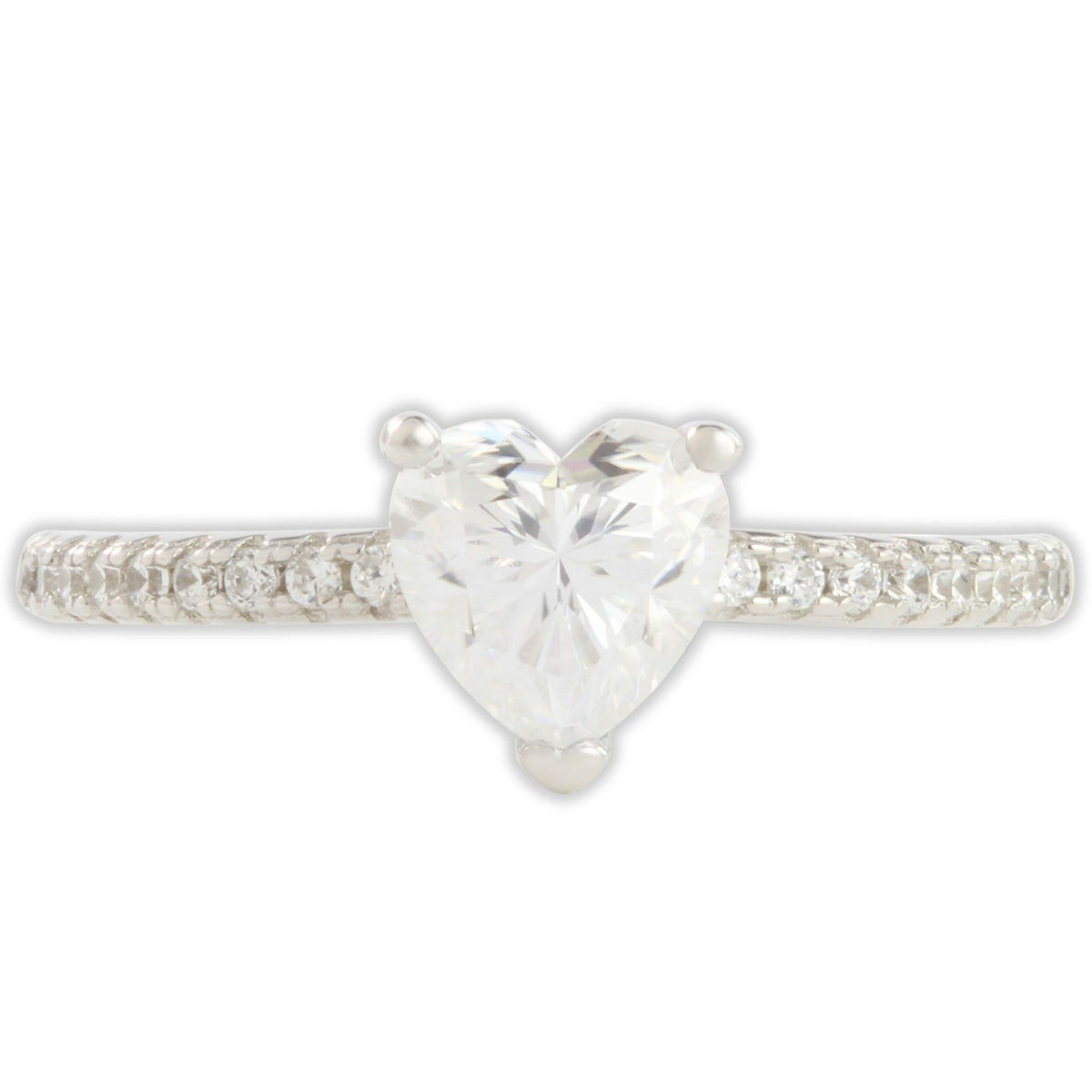 top view of white gold 1ct heart moissanite ring with central heart stone and round accent stones on the band