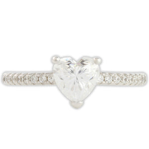top view of white gold 1ct heart moissanite ring with central heart stone and round accent stones on the band