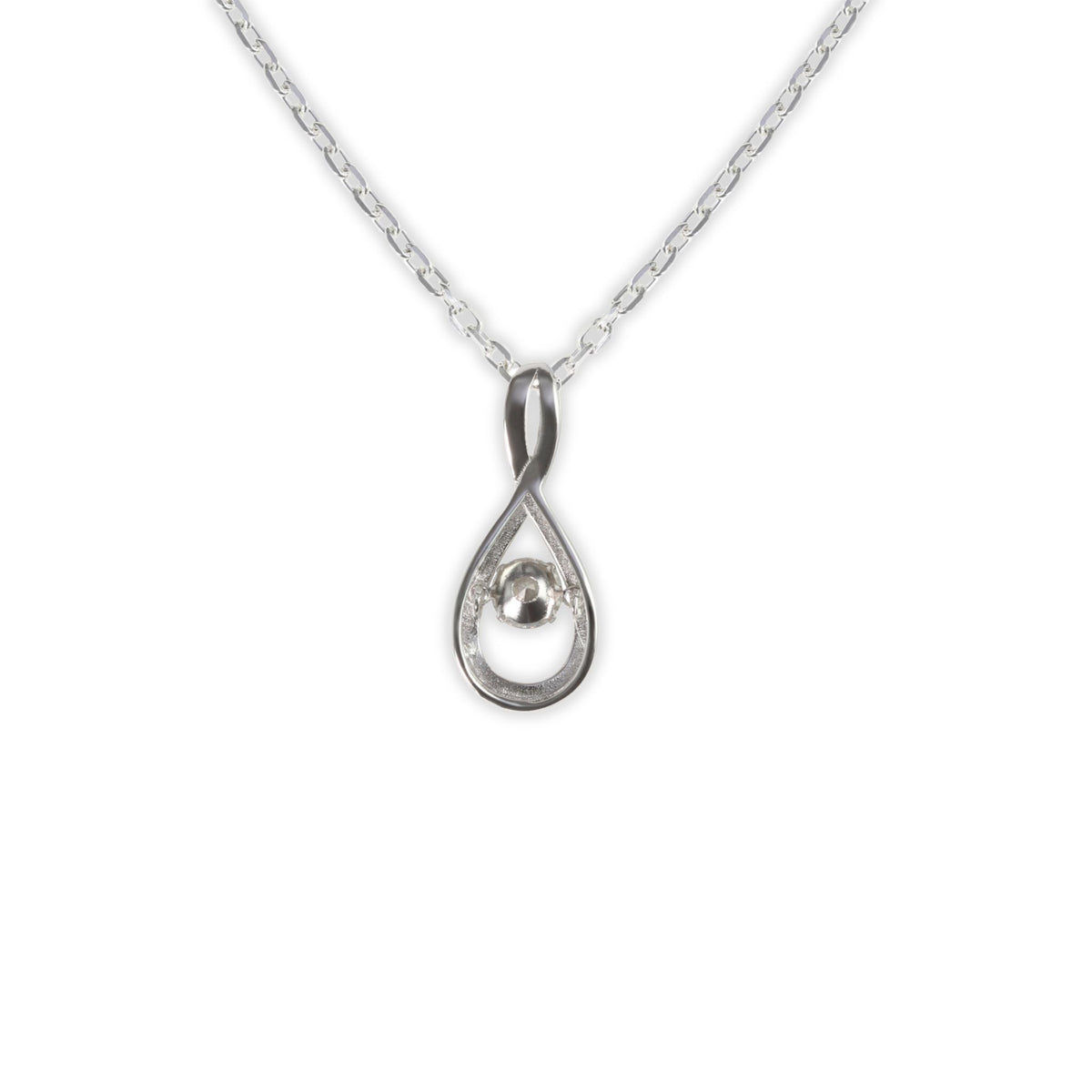 Back view of white gold infinity pendant necklace showing pendant setting and chain attachment