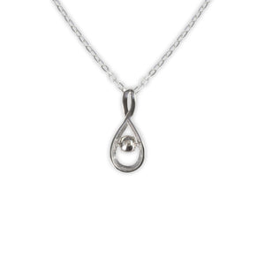 Back view of white gold infinity pendant necklace showing pendant setting and chain attachment