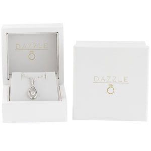 White gold infinity moissanite pendant necklace presented in gift box