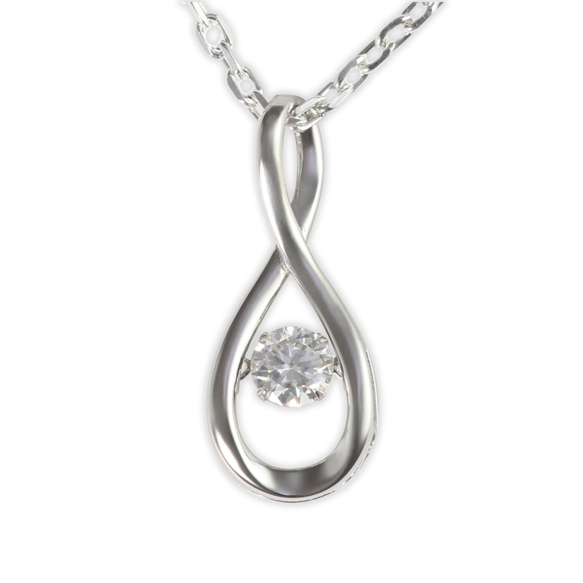 Close-up of moissanite stone on white gold infinity pendant necklace