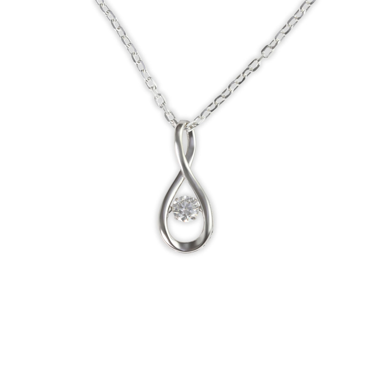 Front view of white gold infinity pendant necklace with moissanite stone and silver finish
