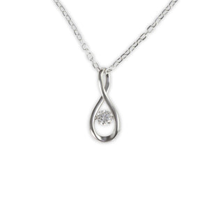 Front view of white gold infinity pendant necklace with moissanite stone and silver finish