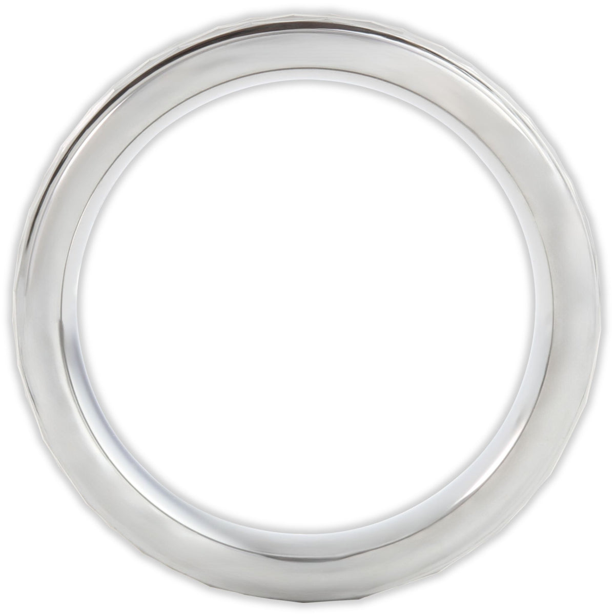 Side profile of matte tungsten ring showing flat band and panel detailing
