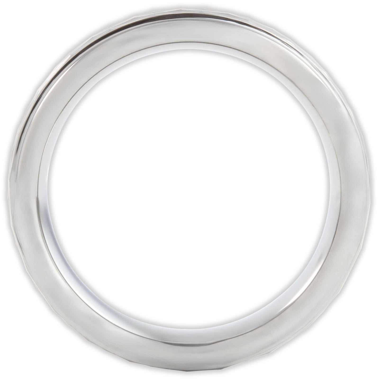 Side profile of matte tungsten ring showing flat band and panel detailing