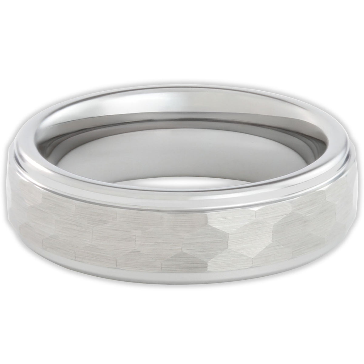 Top view of matte tungsten ring with panelled texture and structured design
