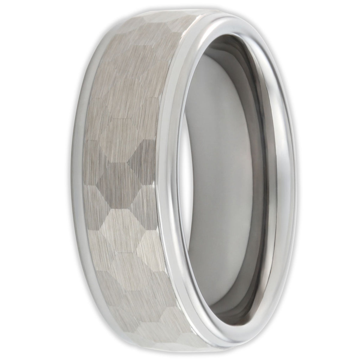 Front view of matte tungsten ring with panelled design and flat profile