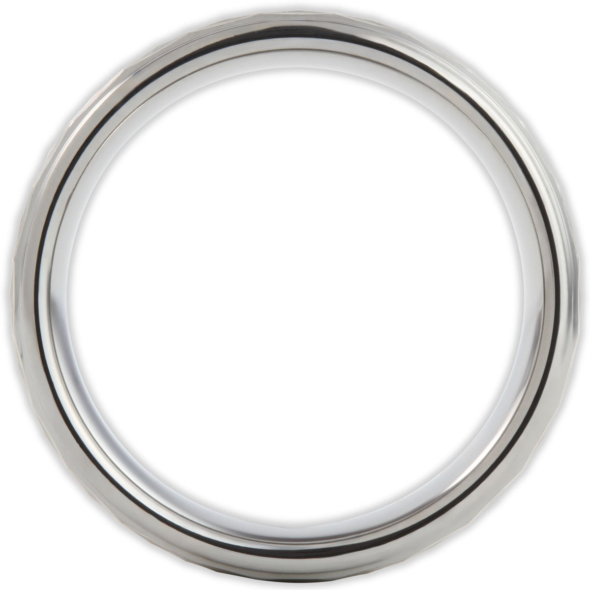 Side profile of matte tungsten ring showing flat band and panel detailing