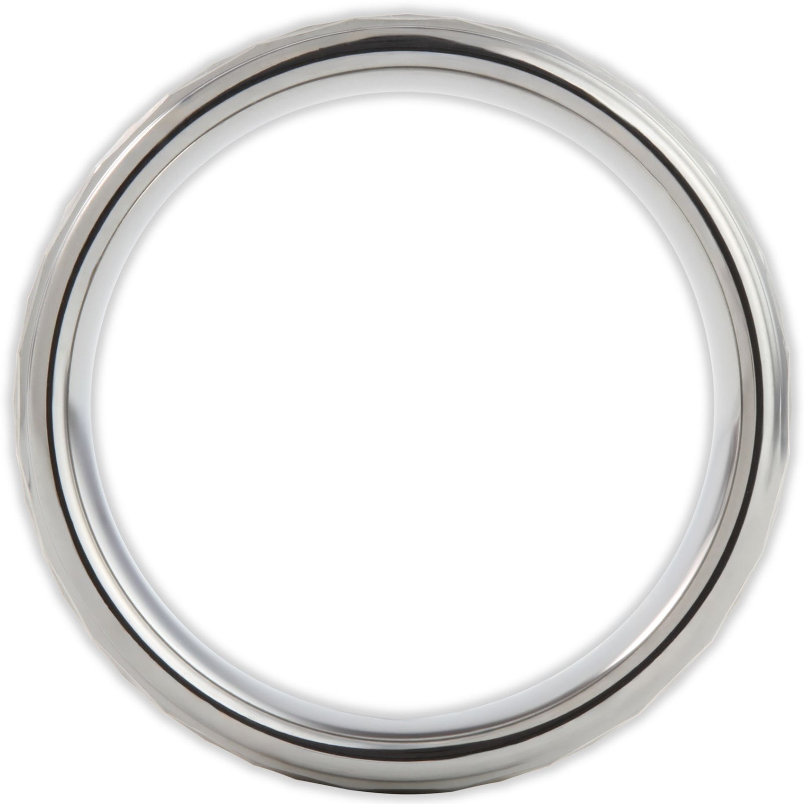 Side profile of matte tungsten ring showing flat band and panel detailing