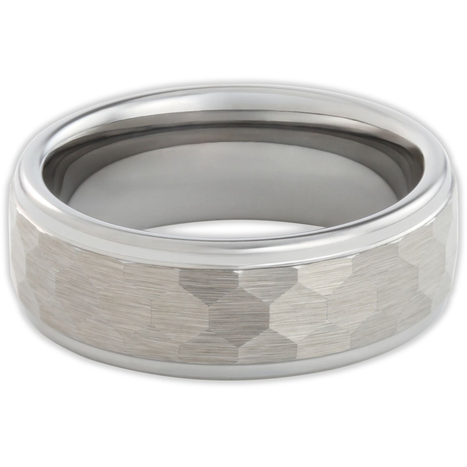 Top view of matte tungsten ring with panelled texture and structured design
