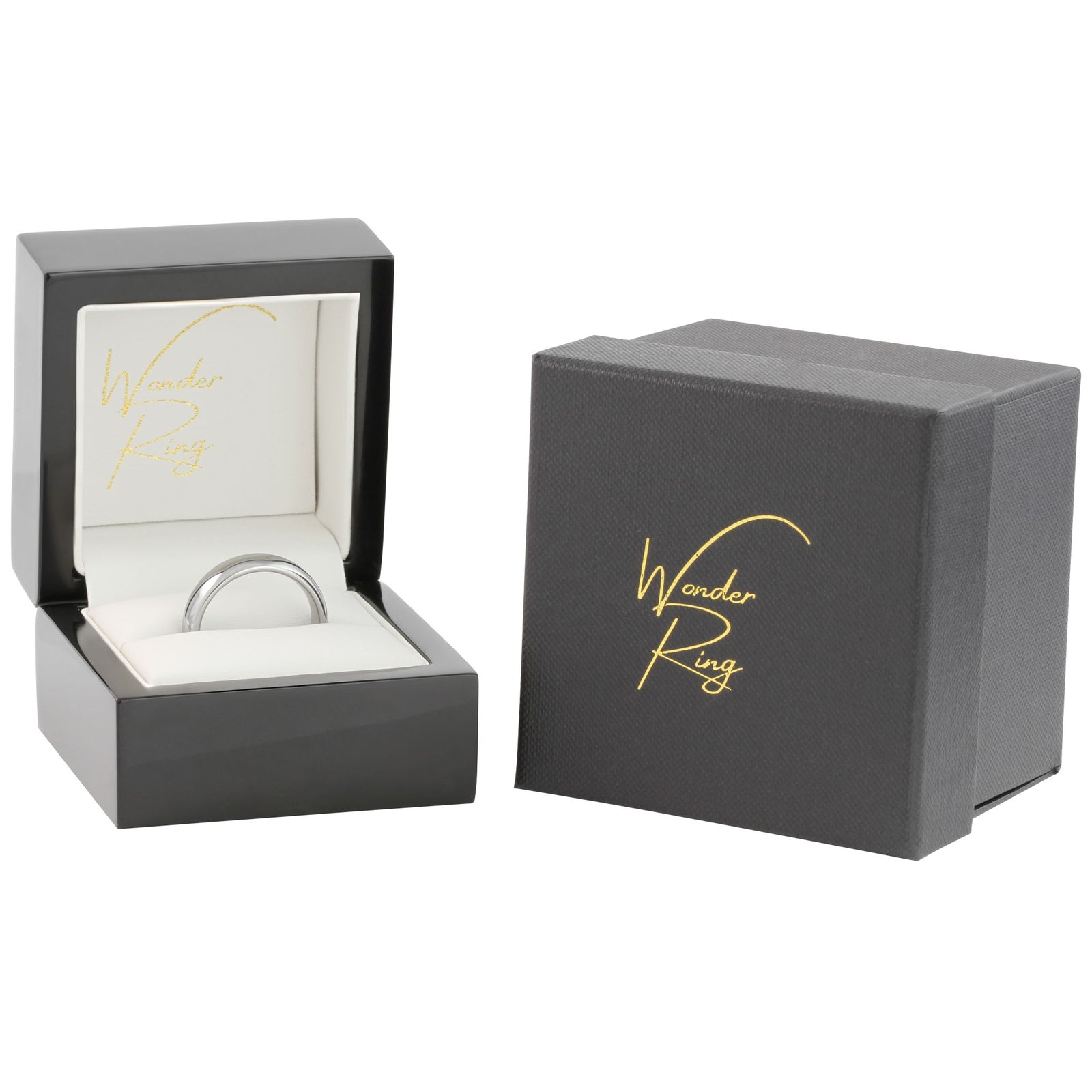 Tungsten wedding ring presented in gift box