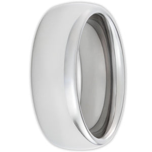 Front view of tungsten wedding ring with smooth domed profile and polished finish