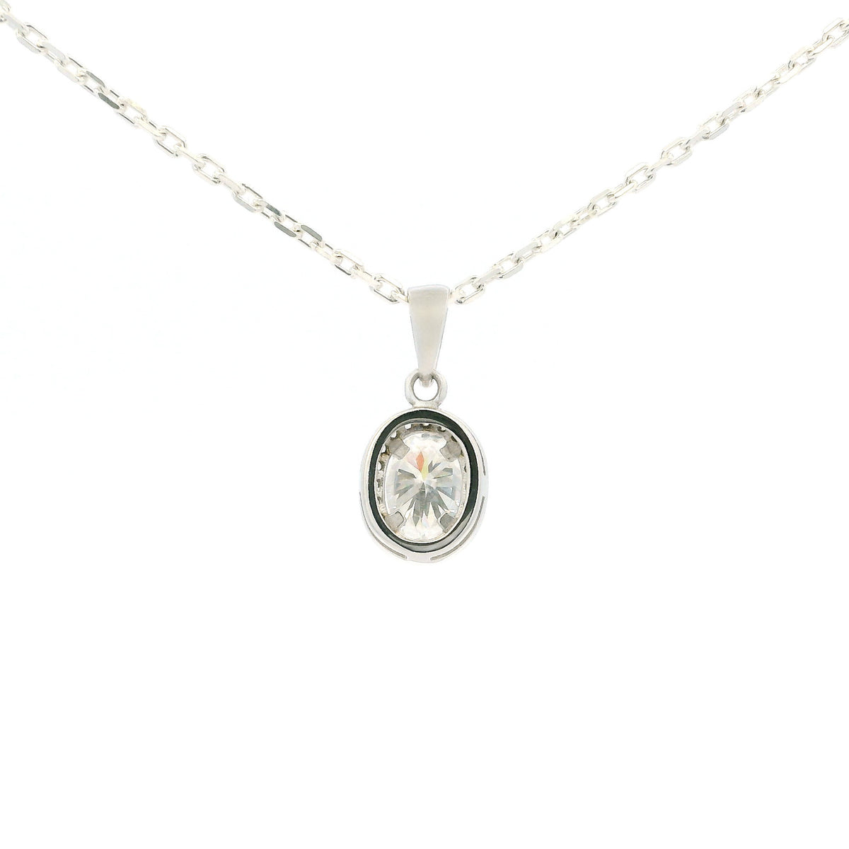 White Gold 1ct Oval Moissanite Halo Silver Dazzle Pendant Necklace