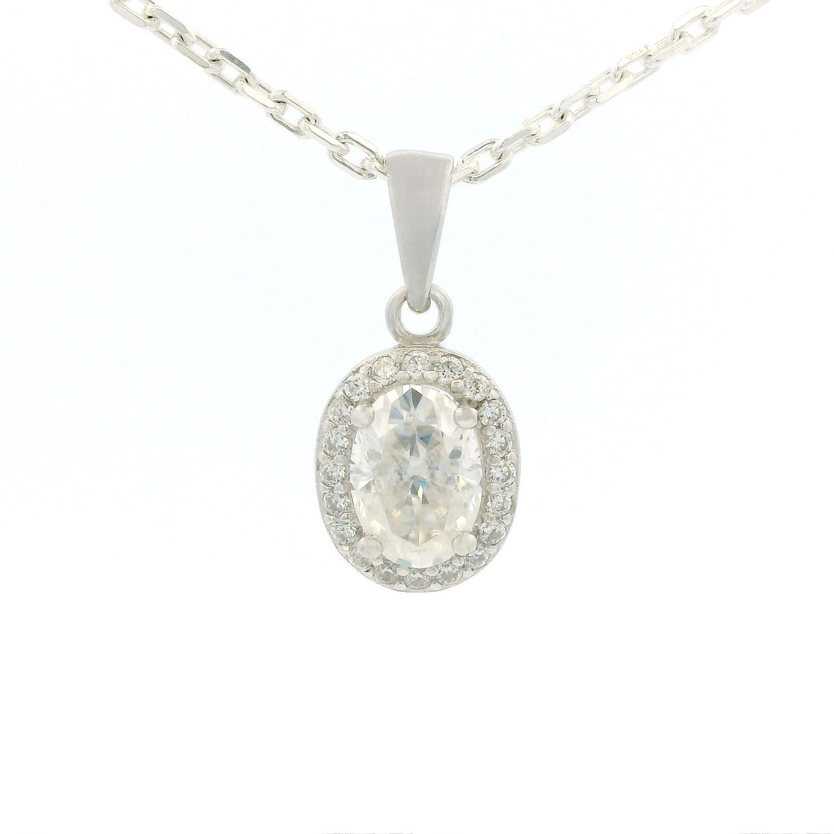 White Gold 1ct Oval Moissanite Halo Silver Dazzle Pendant Necklace