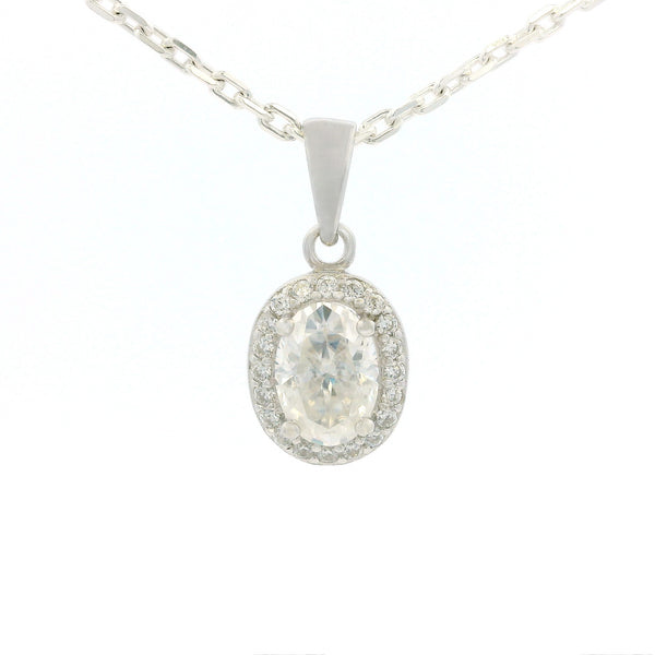 White Gold 1ct Oval Moissanite Halo Silver Dazzle Pendant Necklace